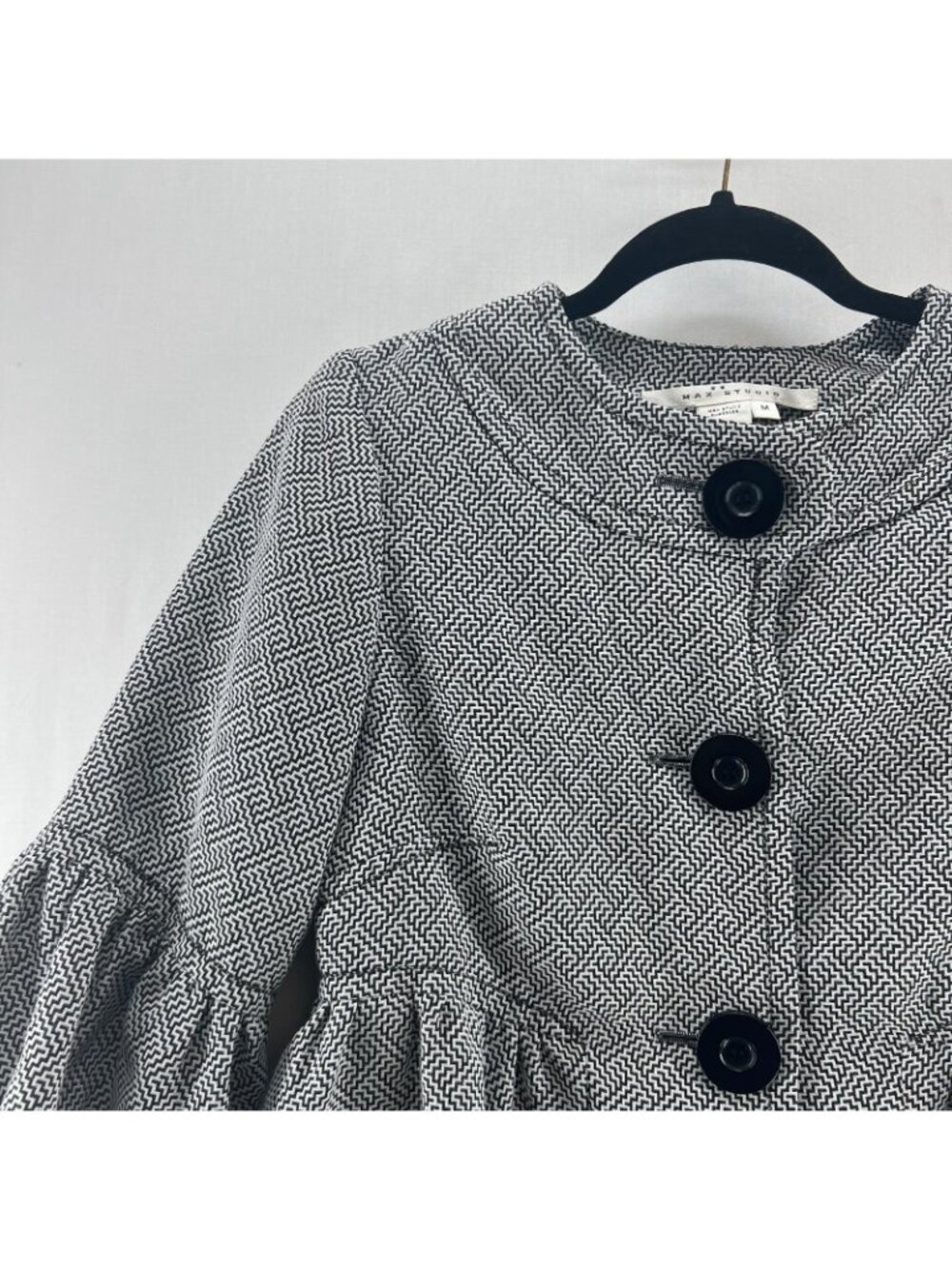 Max Studio Zigzag Peplum Jacket Womens M Puff Balloon Sleeve Button Black White - Picture 7 of 13